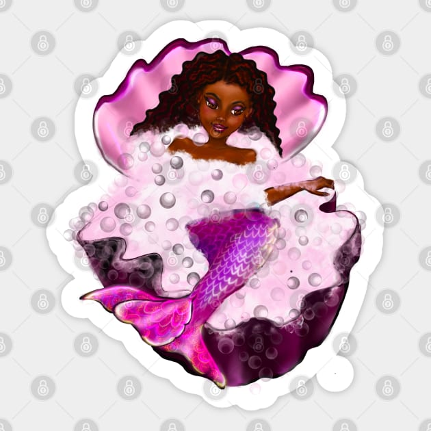 Mermaid spa day in Oyster clam shell 2 - Black anime mermaid in bubble bath. Pretty black girl with Afro hair, green eyes, Cherry pink lips and dark brown skin. Hair love ! Sticker by Artonmytee